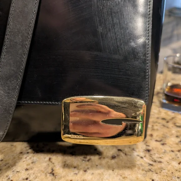 Gucci Vintage Black Leather Handbag Tote with Gold Accent. *Rehab* - Picture 2 of 10